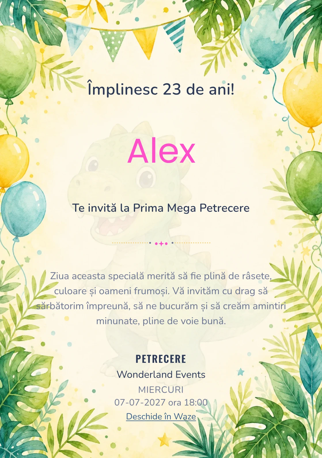 Invitație digitală de zi de naștere Dino Party, fundal pastel cu dinozauri prietenoși, frunze tropicale și baloane pastel