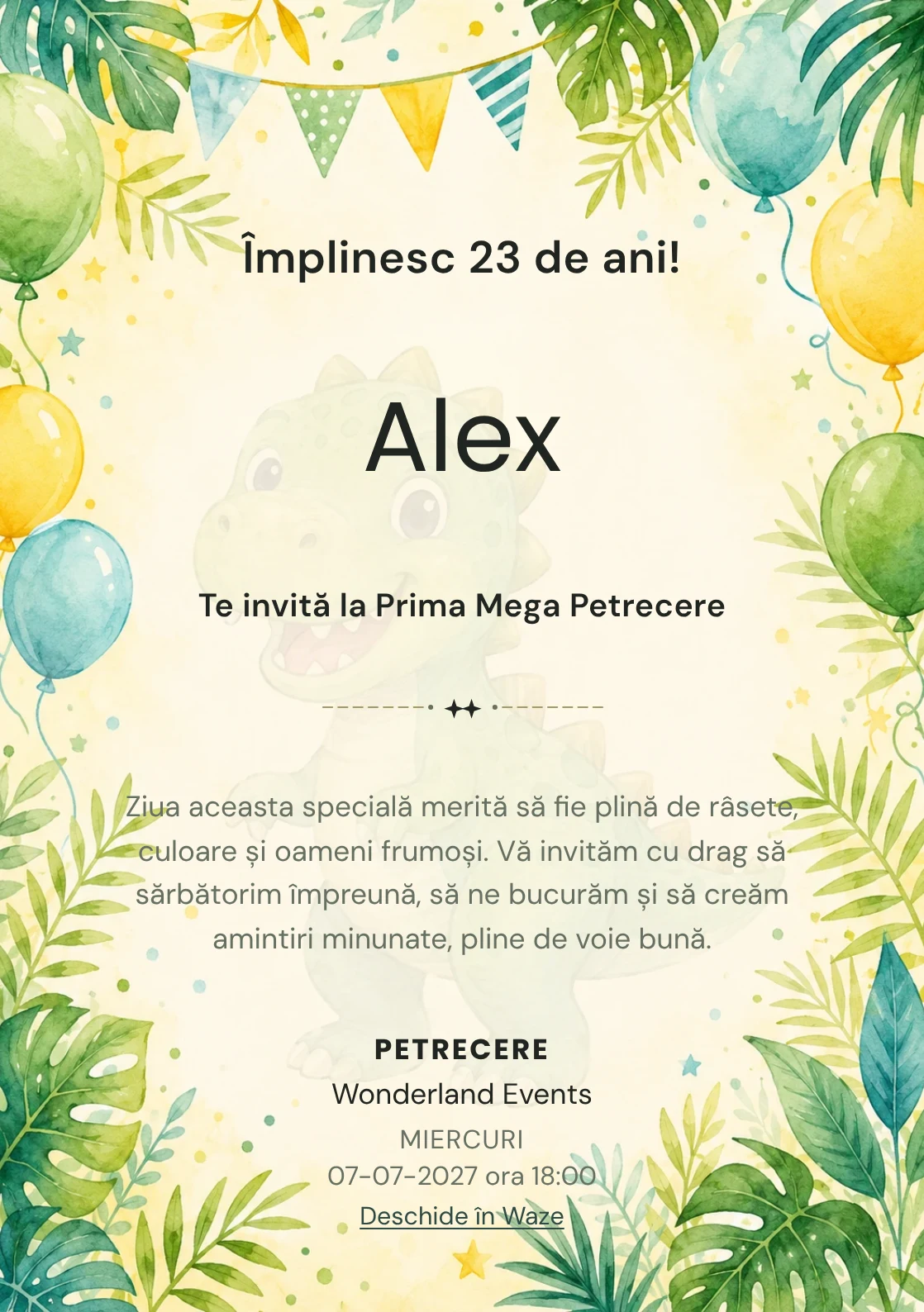 Invitație digitală de zi de naștere Dino Party, fundal pastel cu dinozauri prietenoși, frunze tropicale și baloane pastel