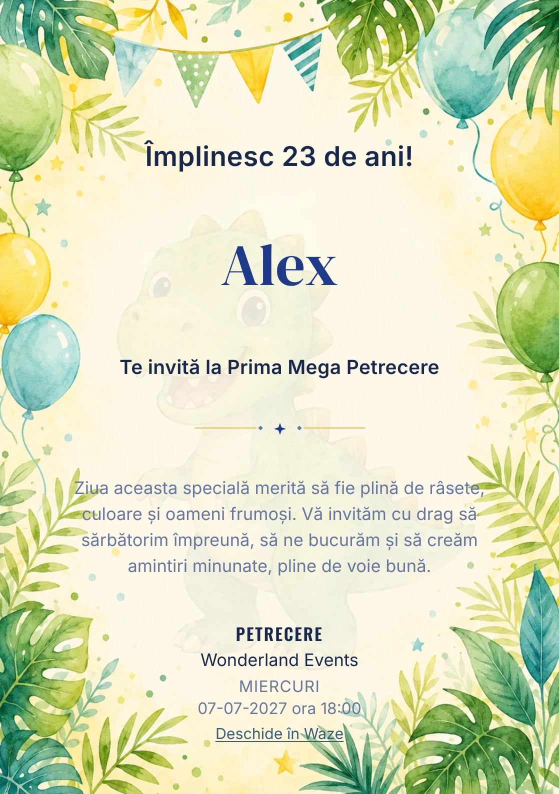 Invitație digitală de zi de naștere Dino Party, fundal pastel cu dinozauri prietenoși, frunze tropicale și baloane pastel