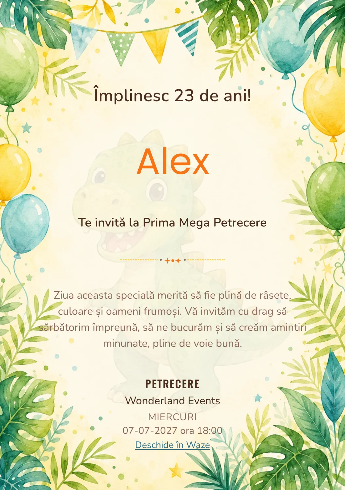 Invitație digitală de zi de naștere Dino Party, fundal pastel cu dinozauri prietenoși, frunze tropicale și baloane pastel