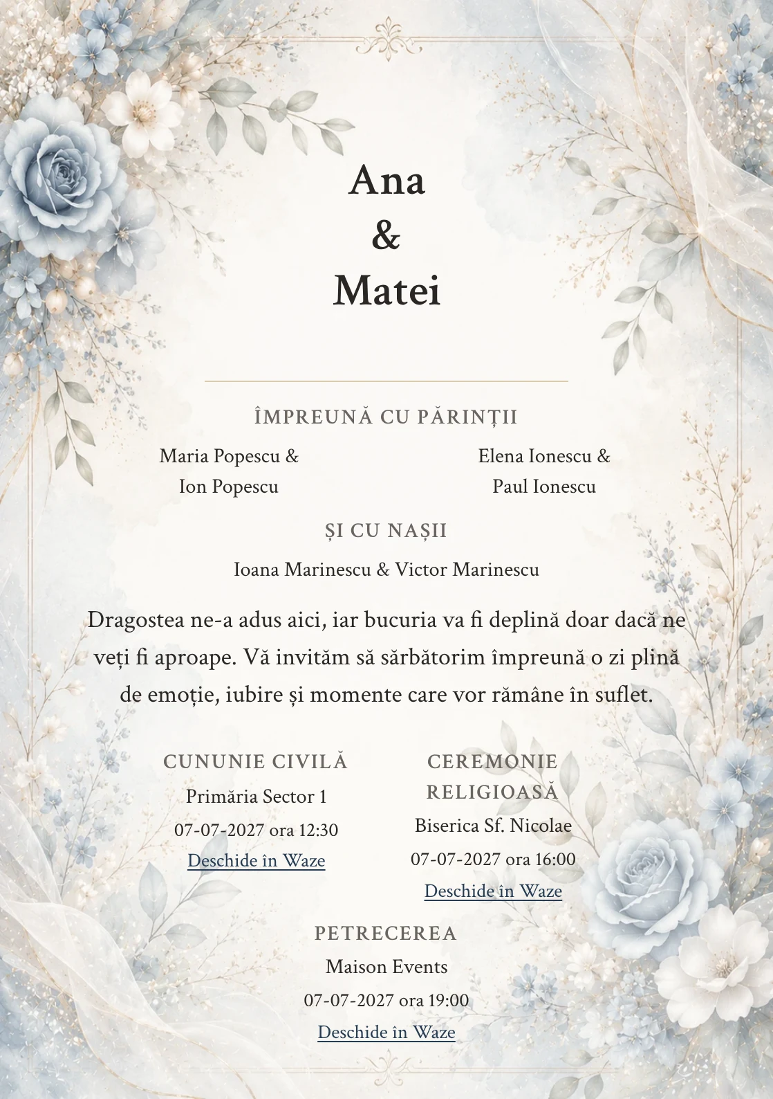 Invitație digitală de nuntă Dusty Blue, fundal dusty blue, potrivit pentru pachetele Basic și Premium