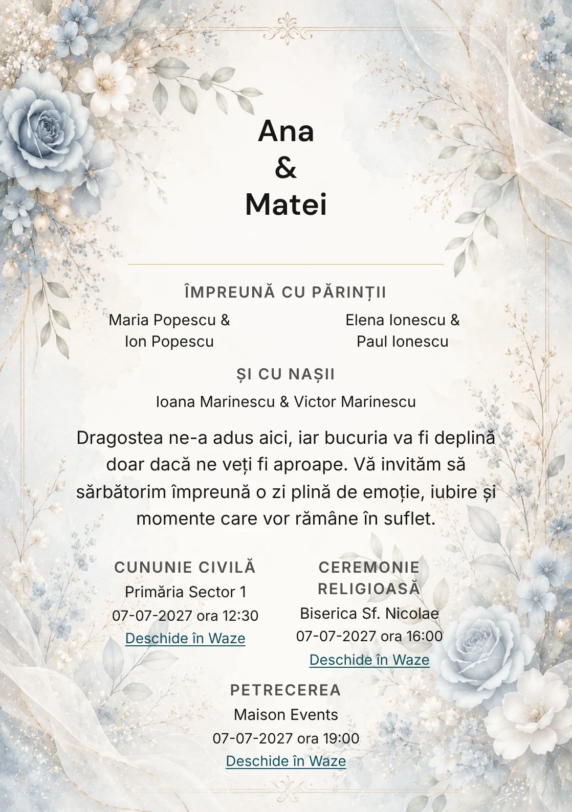 Invitație digitală de nuntă Dusty Blue, fundal dusty blue, potrivit pentru pachetele Basic și Premium