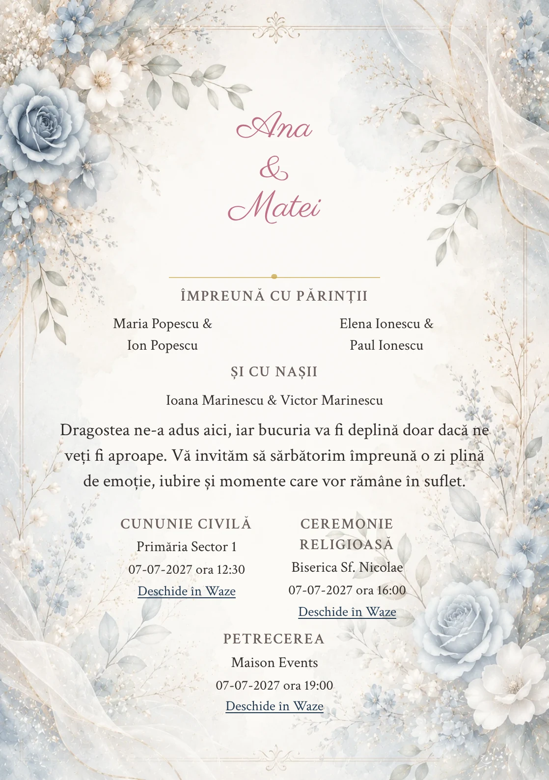 Invitație digitală de nuntă Dusty Blue, fundal dusty blue, potrivit pentru pachetele Basic și Premium