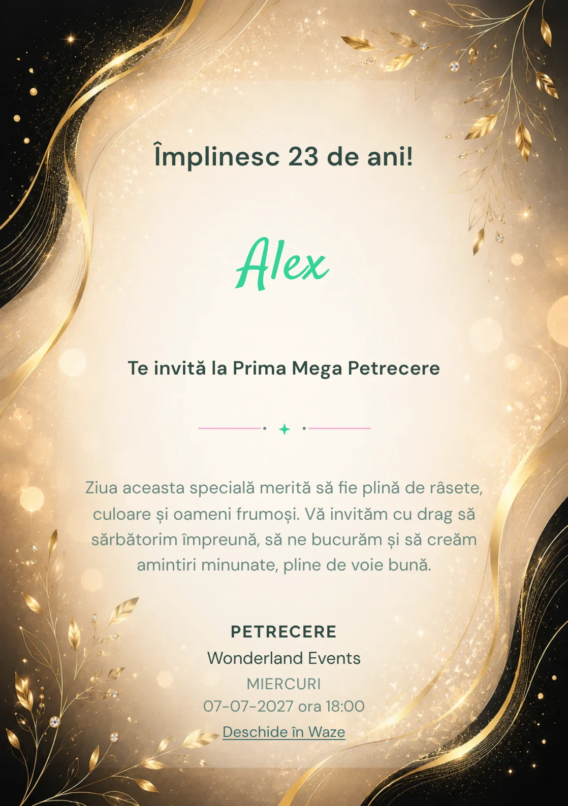 Invitație digitală aniversară Elegant Black, fundal premium cu champagne luminos, negru cald și accente aurii