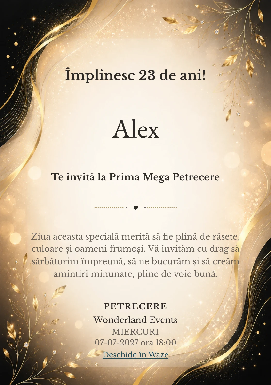 Invitație digitală aniversară Elegant Black, fundal premium cu champagne luminos, negru cald și accente aurii