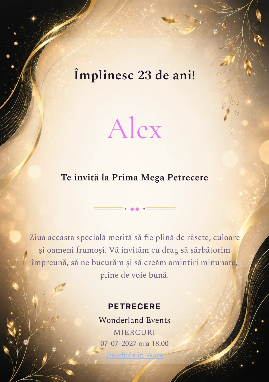 Invitație digitală aniversară Elegant Black, fundal premium cu champagne luminos, negru cald și accente aurii