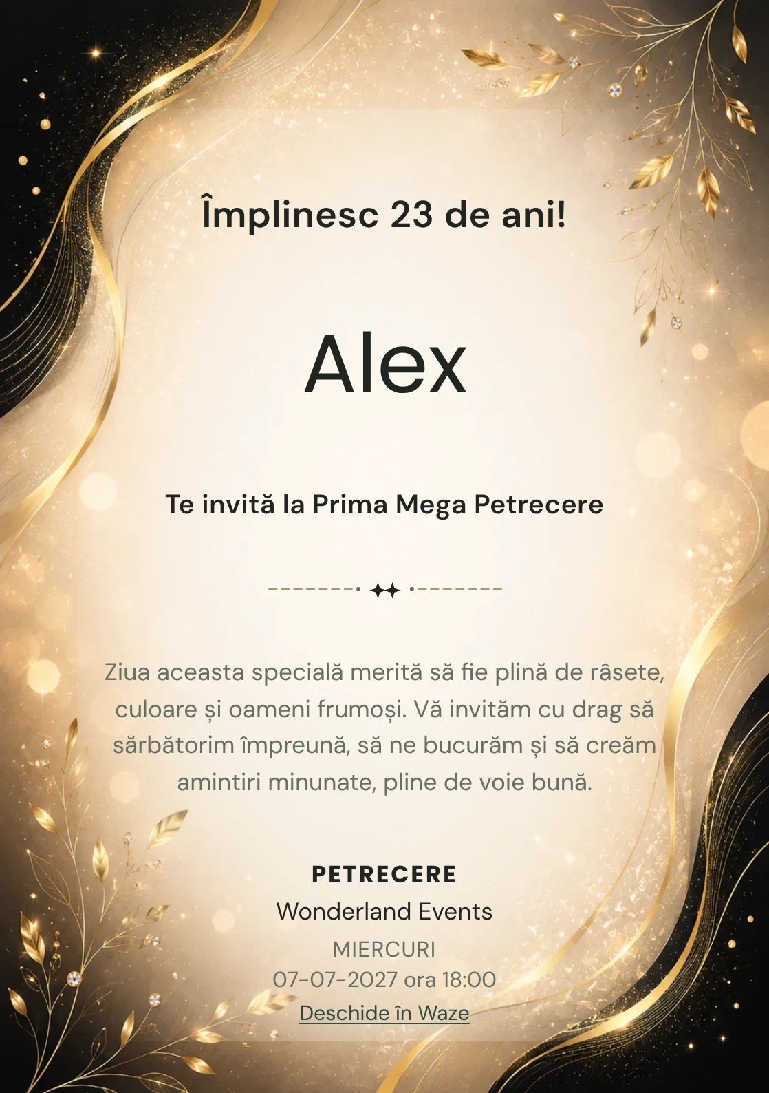 Invitație digitală aniversară Elegant Black, fundal premium cu champagne luminos, negru cald și accente aurii