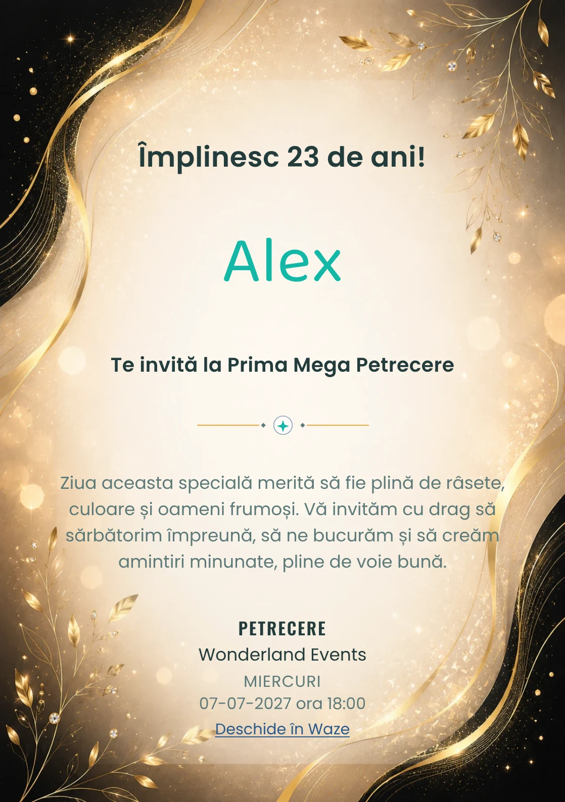 Invitație digitală aniversară Elegant Black, fundal premium cu champagne luminos, negru cald și accente aurii