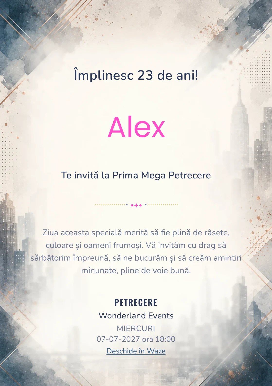 Invitație digitală aniversară Eleganță Urbană, fundal premium cu skyline urban estompat, accente petrol și copper