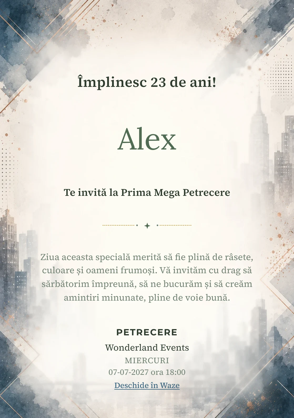 Invitație digitală aniversară Eleganță Urbană, fundal premium cu skyline urban estompat, accente petrol și copper