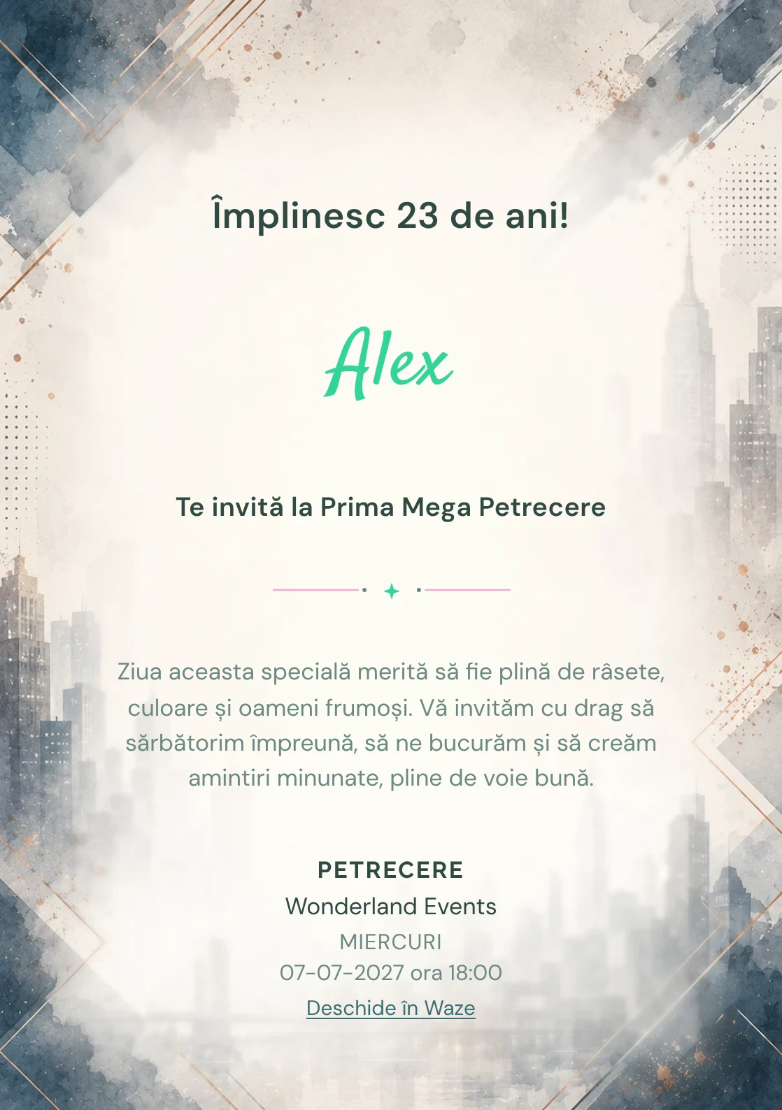 Invitație digitală aniversară Eleganță Urbană, fundal premium cu skyline urban estompat, accente petrol și copper