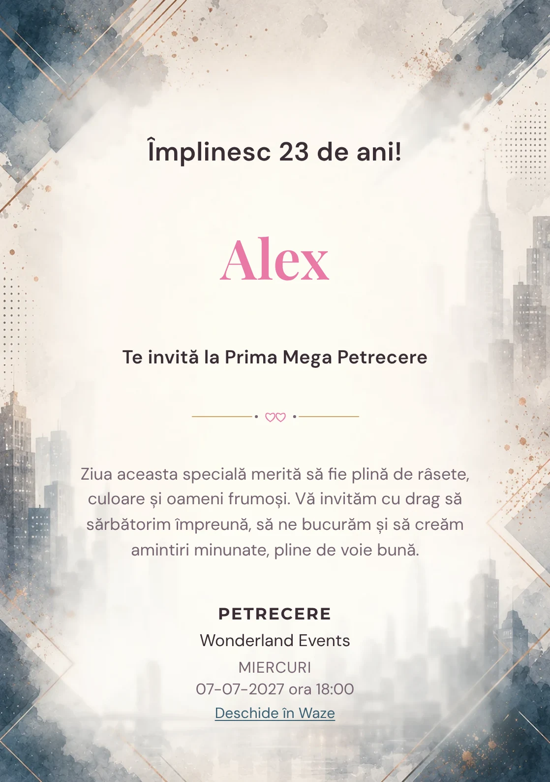 Invitație digitală aniversară Eleganță Urbană, fundal premium cu skyline urban estompat, accente petrol și copper