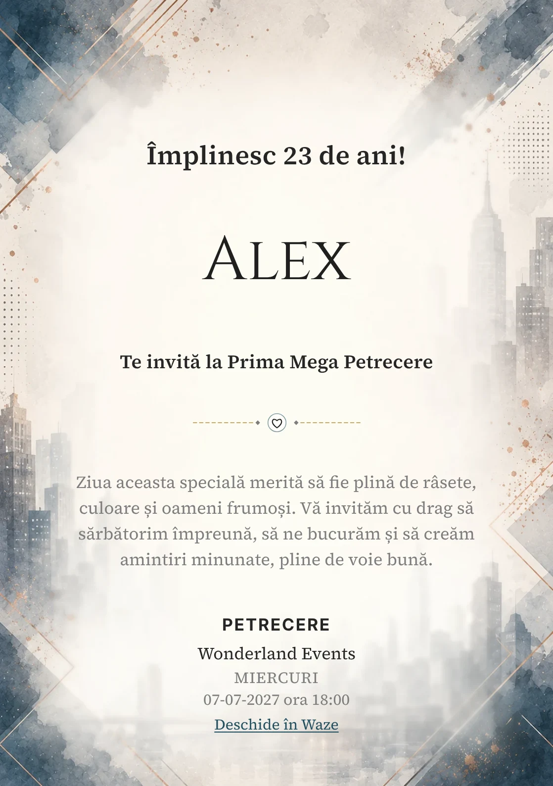 Invitație digitală aniversară Eleganță Urbană, fundal premium cu skyline urban estompat, accente petrol și copper