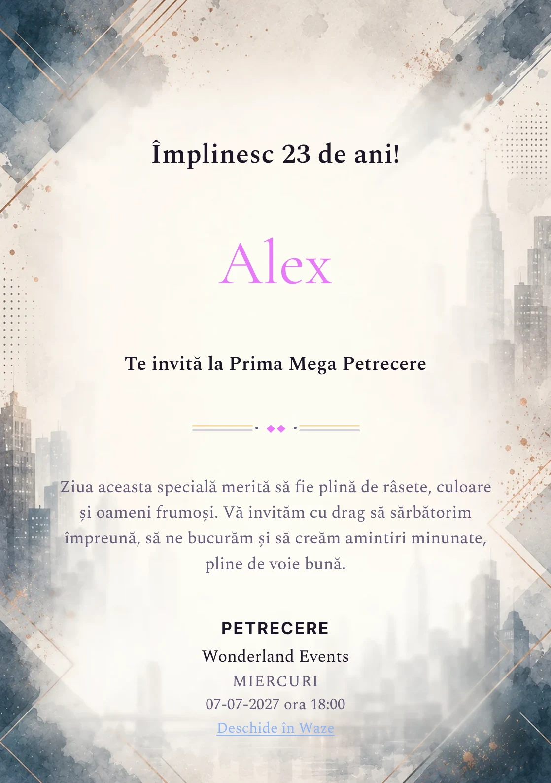 Invitație digitală aniversară Eleganță Urbană, fundal premium cu skyline urban estompat, accente petrol și copper