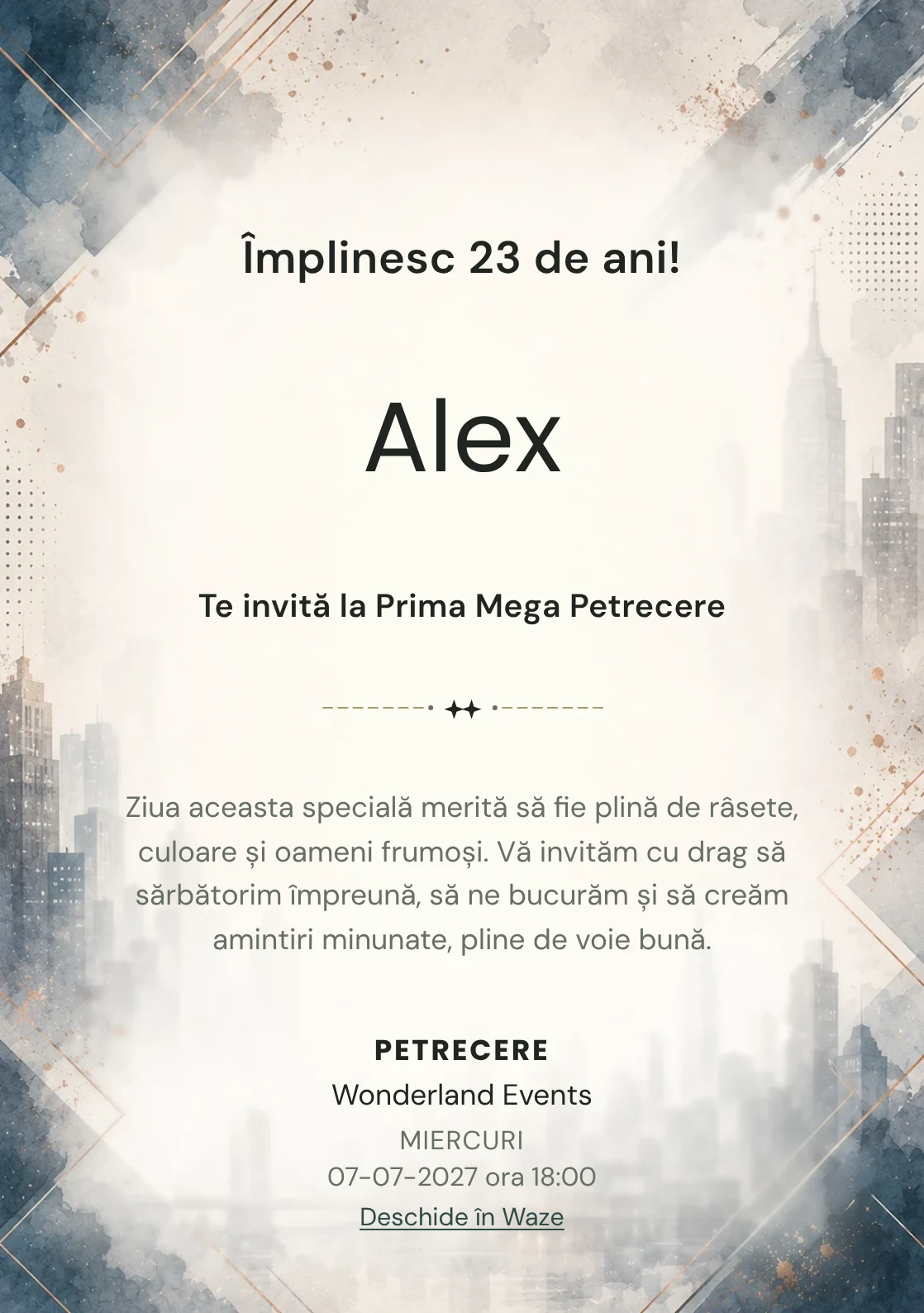 Invitație digitală aniversară Eleganță Urbană, fundal premium cu skyline urban estompat, accente petrol și copper