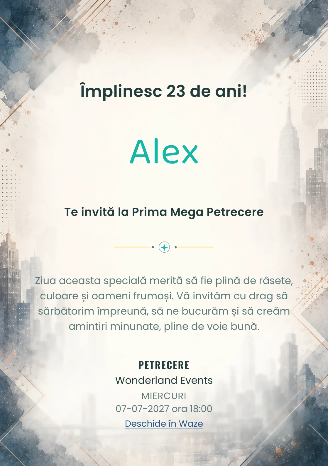 Invitație digitală aniversară Eleganță Urbană, fundal premium cu skyline urban estompat, accente petrol și copper