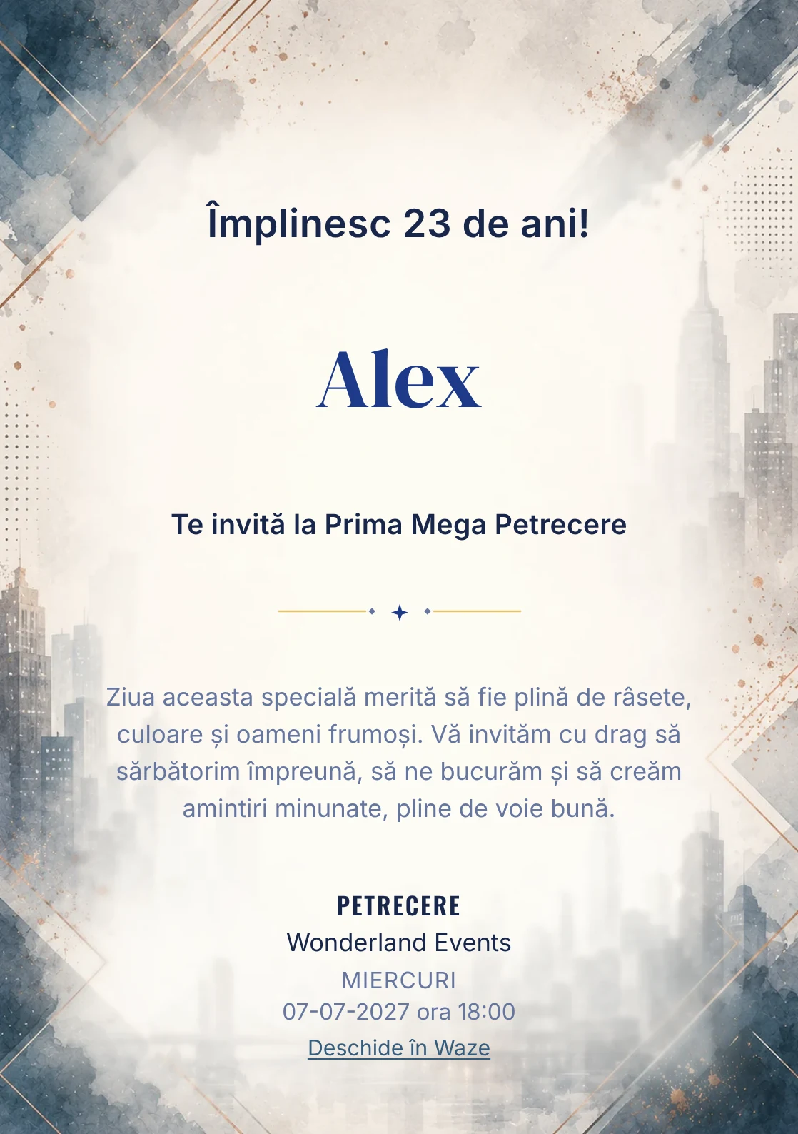 Invitație digitală aniversară Eleganță Urbană, fundal premium cu skyline urban estompat, accente petrol și copper