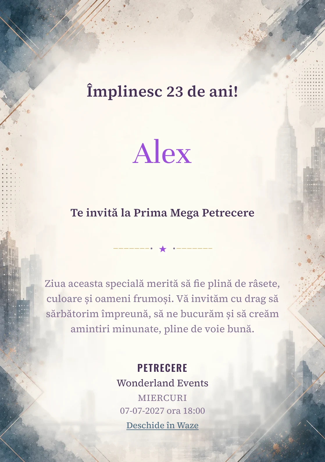Invitație digitală aniversară Eleganță Urbană, fundal premium cu skyline urban estompat, accente petrol și copper