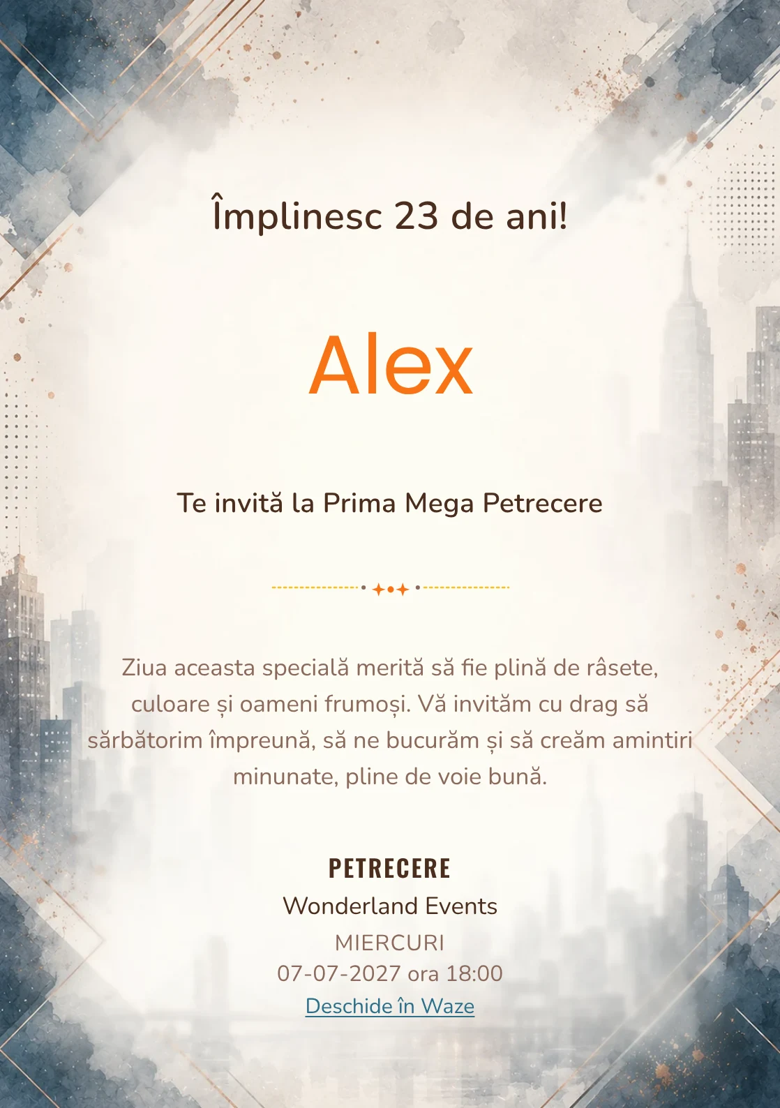 Invitație digitală aniversară Eleganță Urbană, fundal premium cu skyline urban estompat, accente petrol și copper