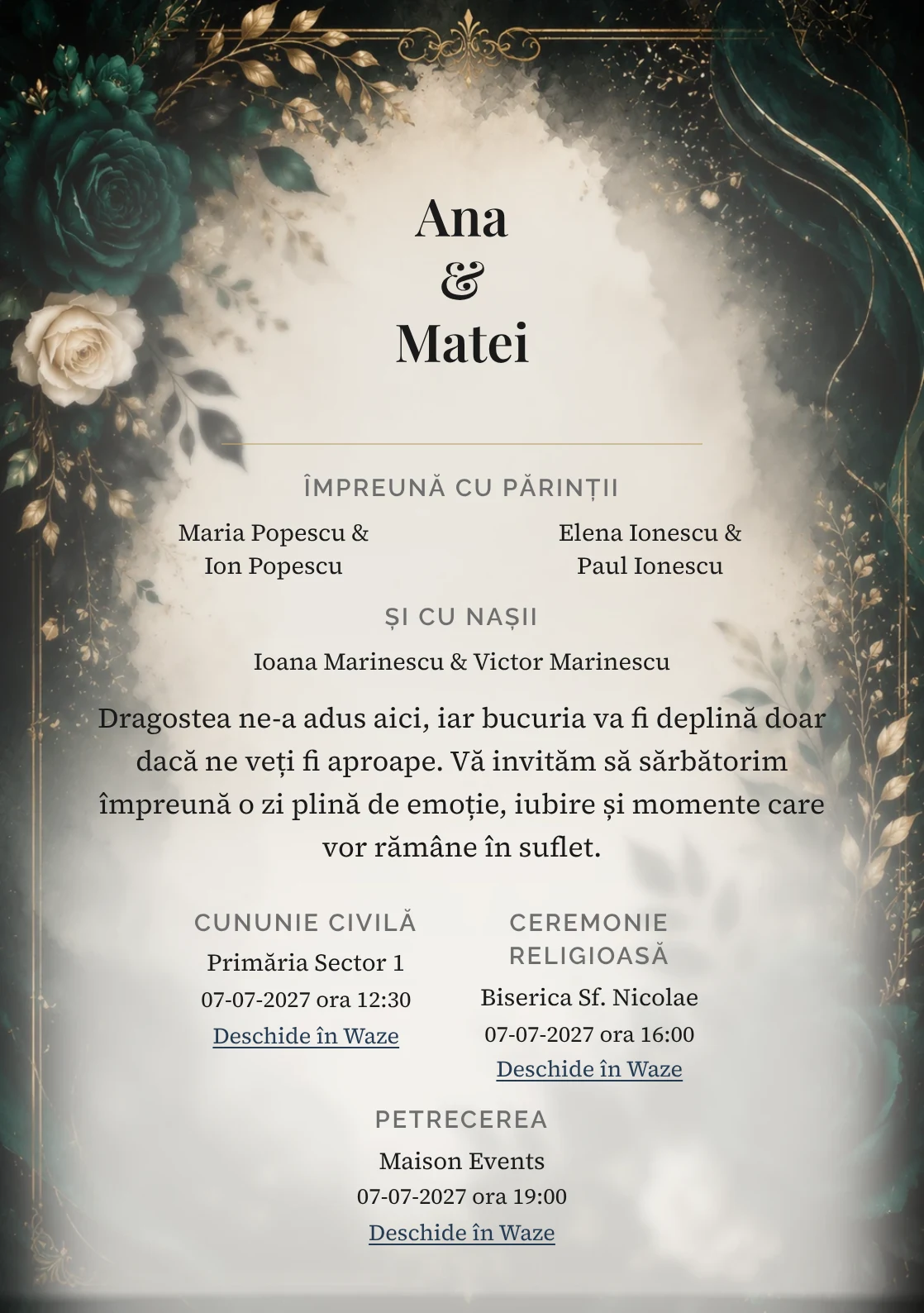 Invitație digitală de nuntă Emerald Noir, fundal emerald noir, potrivit pentru pachetele Basic și Premium