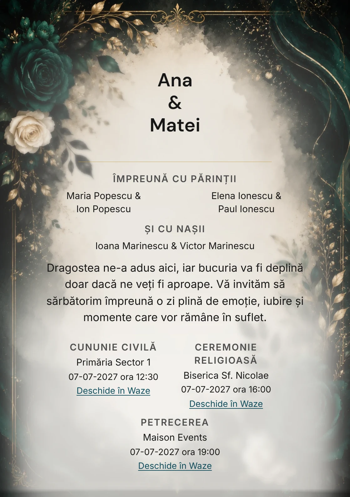 Invitație digitală de nuntă Emerald Noir, fundal emerald noir, potrivit pentru pachetele Basic și Premium