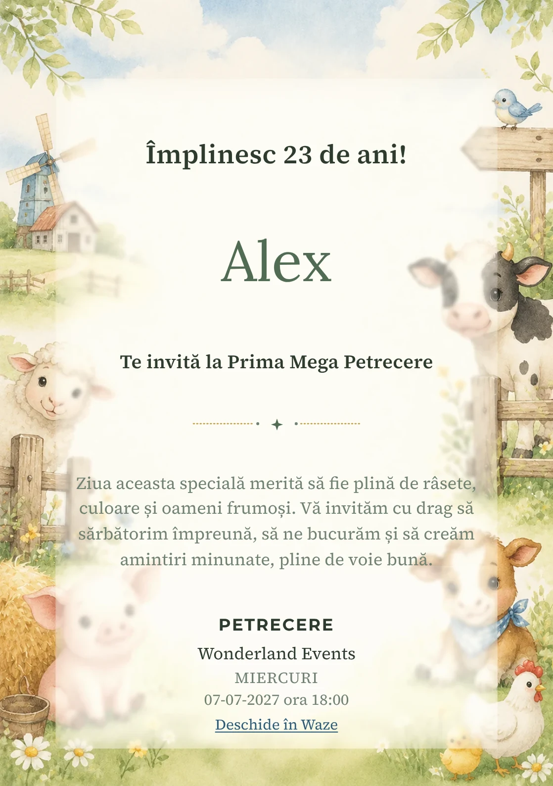 Invitație digitală de zi de naștere Ferma Veselă, fundal pastel cu animăluțe de fermă, gard discret și verde pal