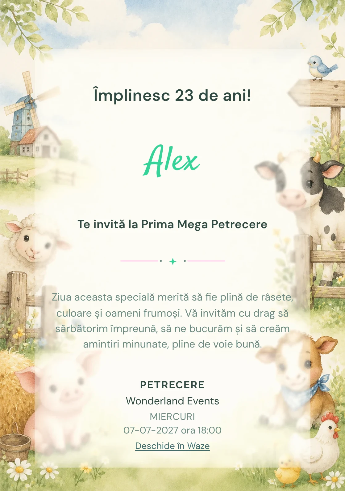 Invitație digitală de zi de naștere Ferma Veselă, fundal pastel cu animăluțe de fermă, gard discret și verde pal