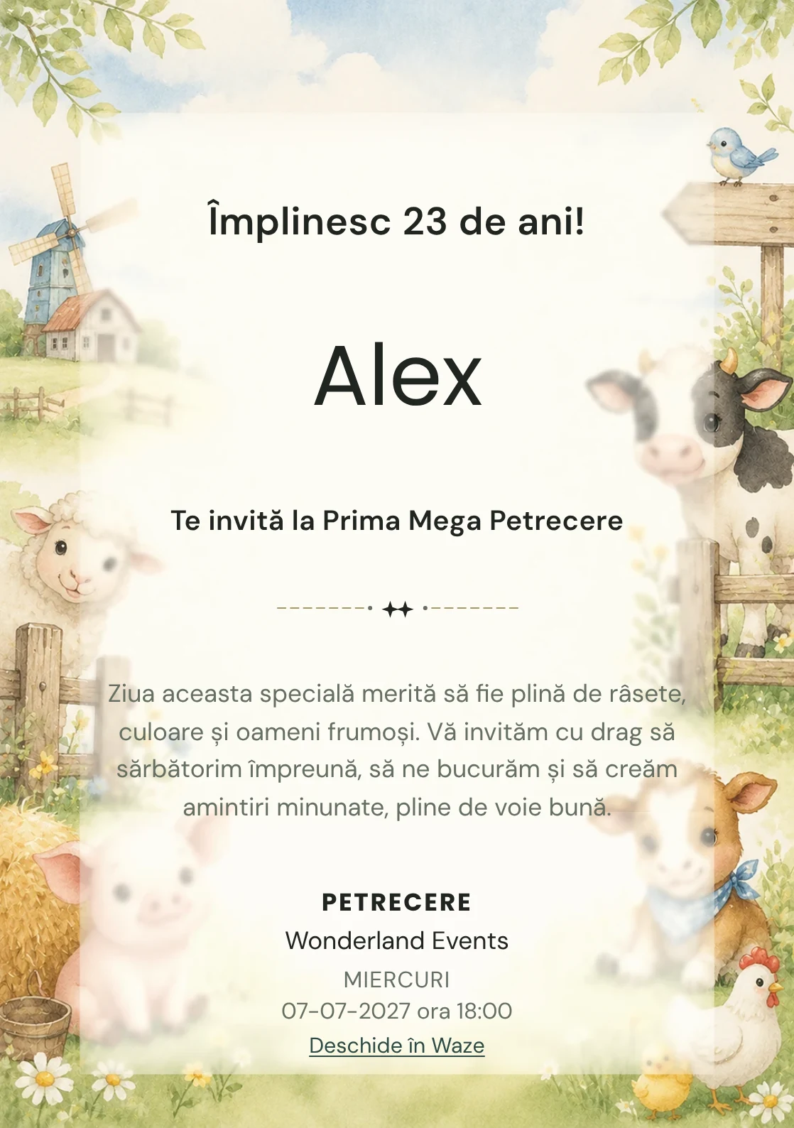 Invitație digitală de zi de naștere Ferma Veselă, fundal pastel cu animăluțe de fermă, gard discret și verde pal