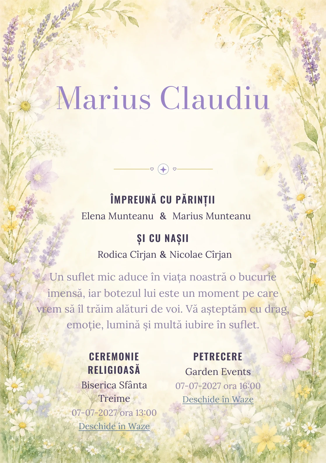 Invitație digitală de botez Flori de Iunie, fundal cu ramă florală aerisită, lavandă pal, galben lămâie stins, verde proaspăt și flori de câmp și centru luminos pentru text