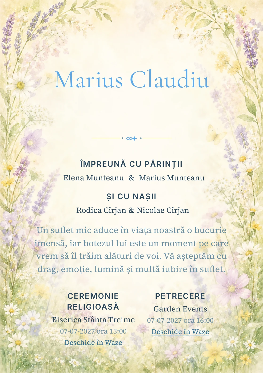 Invitație digitală de botez Flori de Iunie, fundal cu ramă florală aerisită, lavandă pal, galben lămâie stins, verde proaspăt și flori de câmp și centru luminos pentru text