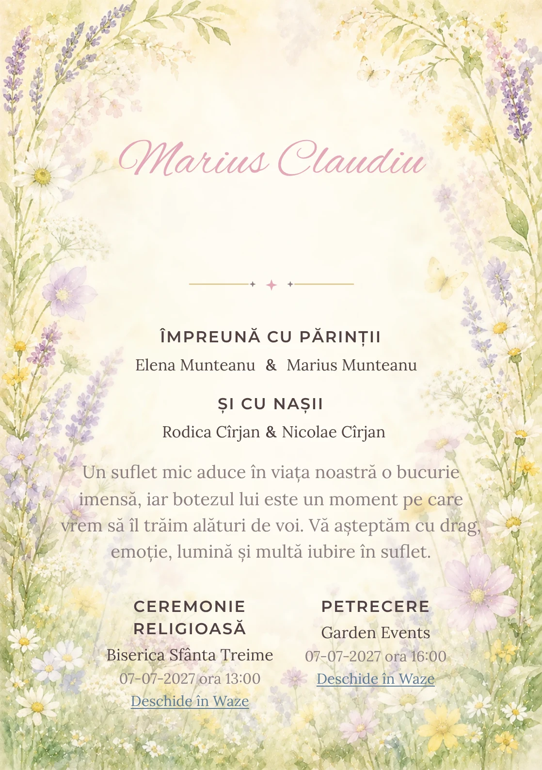 Invitație digitală de botez Flori de Iunie, fundal cu ramă florală aerisită, lavandă pal, galben lămâie stins, verde proaspăt și flori de câmp și centru luminos pentru text
