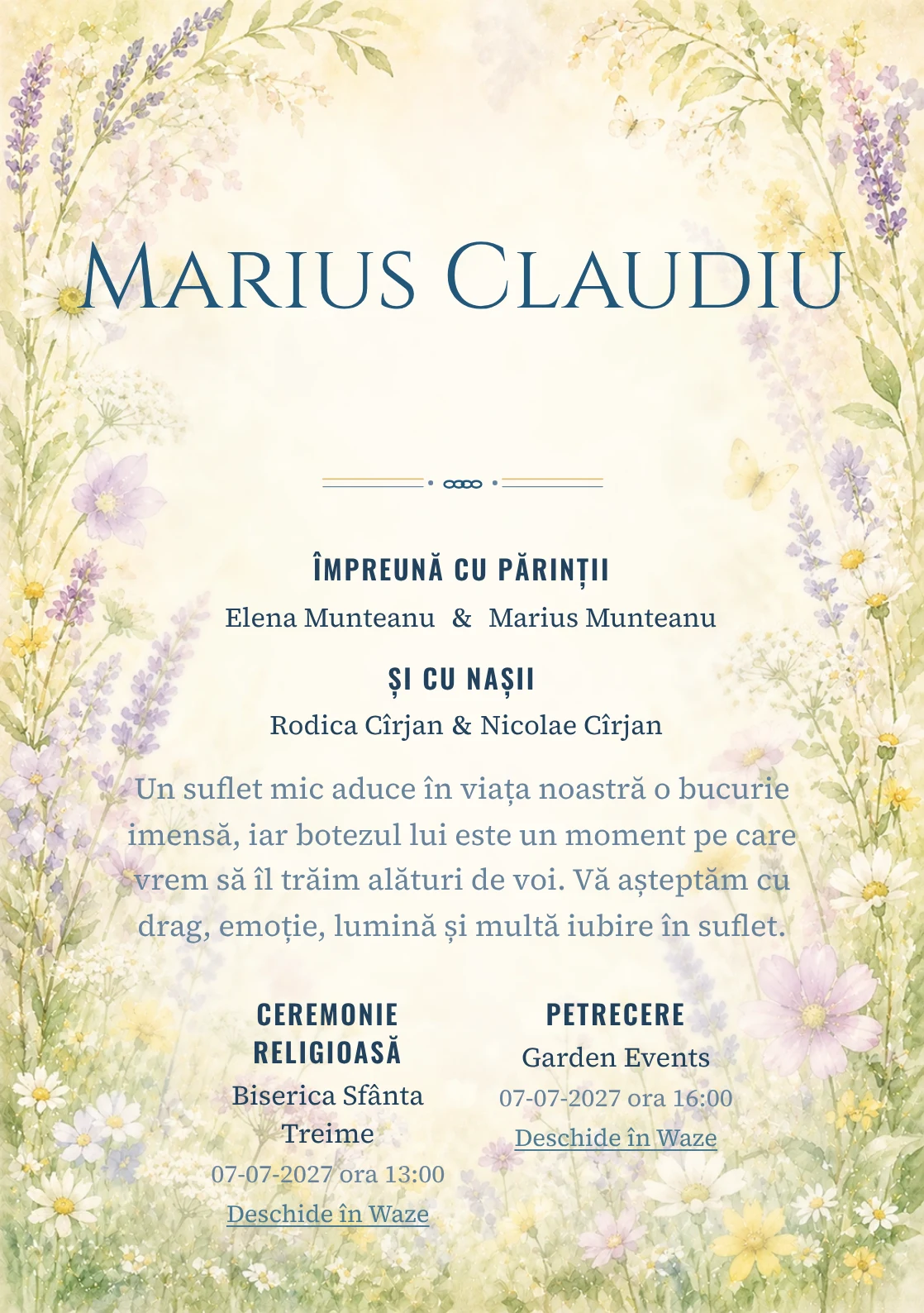 Invitație digitală de botez Flori de Iunie, fundal cu ramă florală aerisită, lavandă pal, galben lămâie stins, verde proaspăt și flori de câmp și centru luminos pentru text