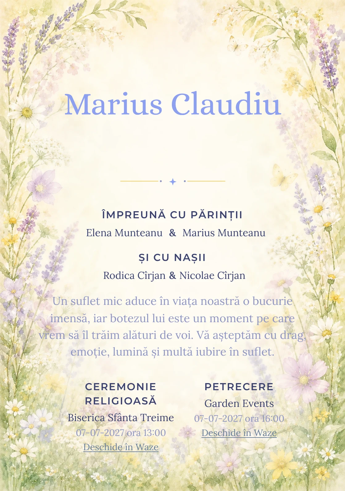 Invitație digitală de botez Flori de Iunie, fundal cu ramă florală aerisită, lavandă pal, galben lămâie stins, verde proaspăt și flori de câmp și centru luminos pentru text
