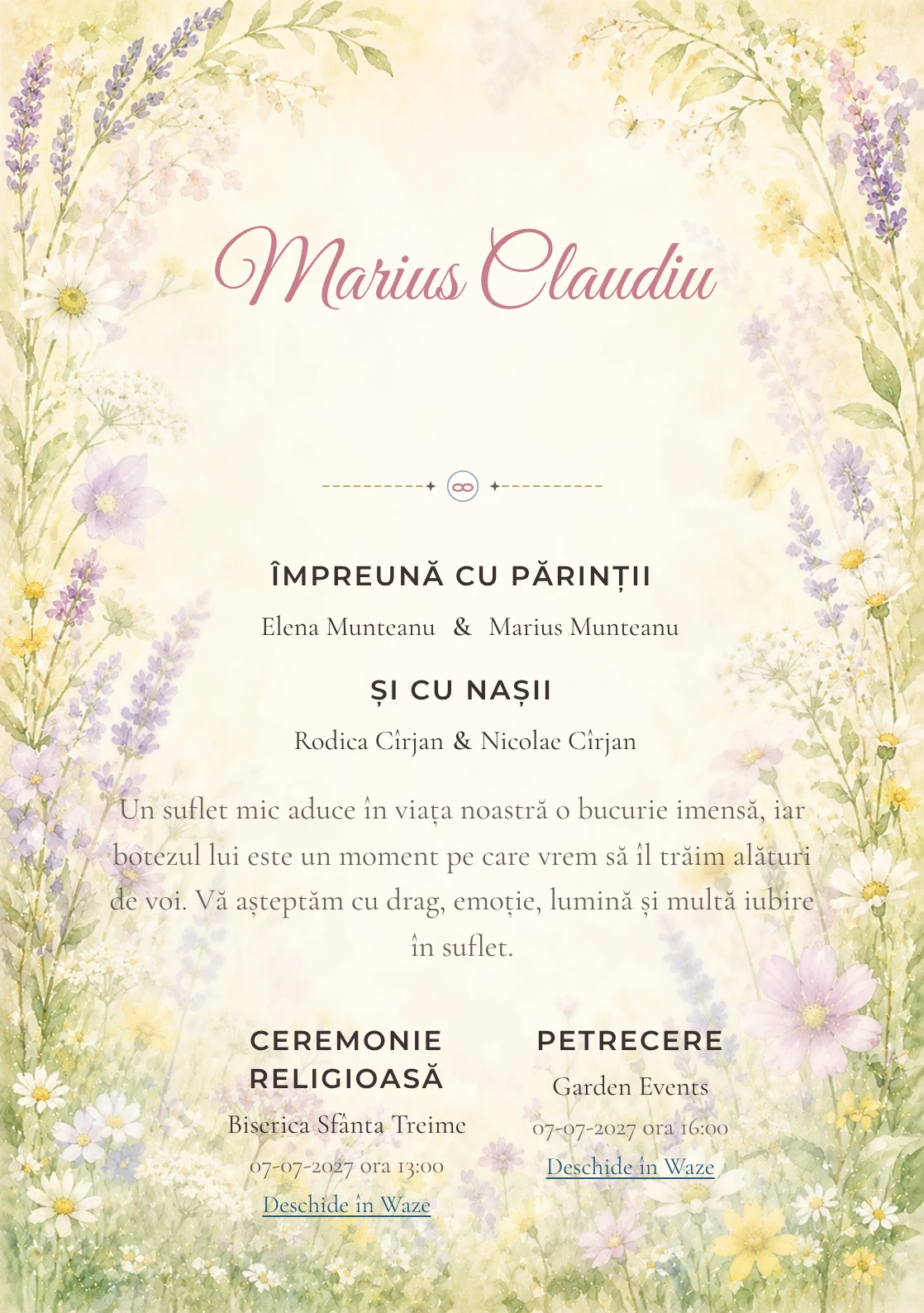 Invitație digitală de botez Flori de Iunie, fundal cu ramă florală aerisită, lavandă pal, galben lămâie stins, verde proaspăt și flori de câmp și centru luminos pentru text