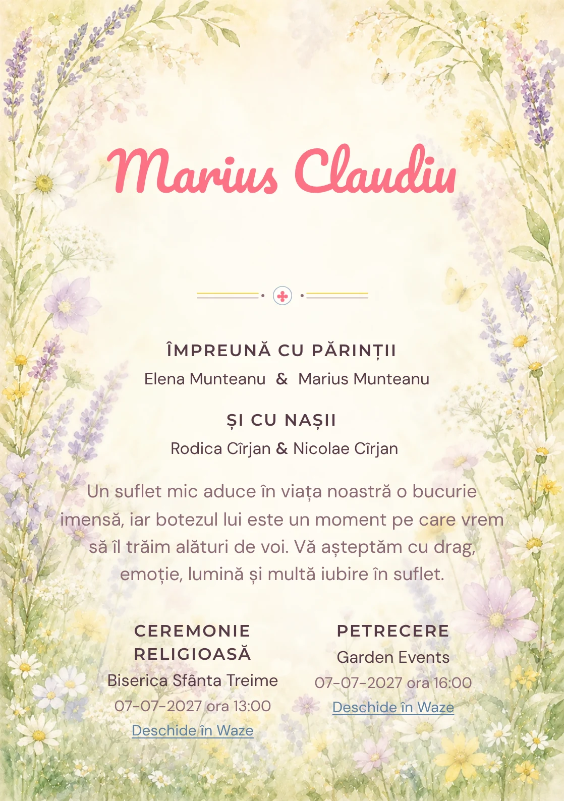 Invitație digitală de botez Flori de Iunie, fundal cu ramă florală aerisită, lavandă pal, galben lămâie stins, verde proaspăt și flori de câmp și centru luminos pentru text