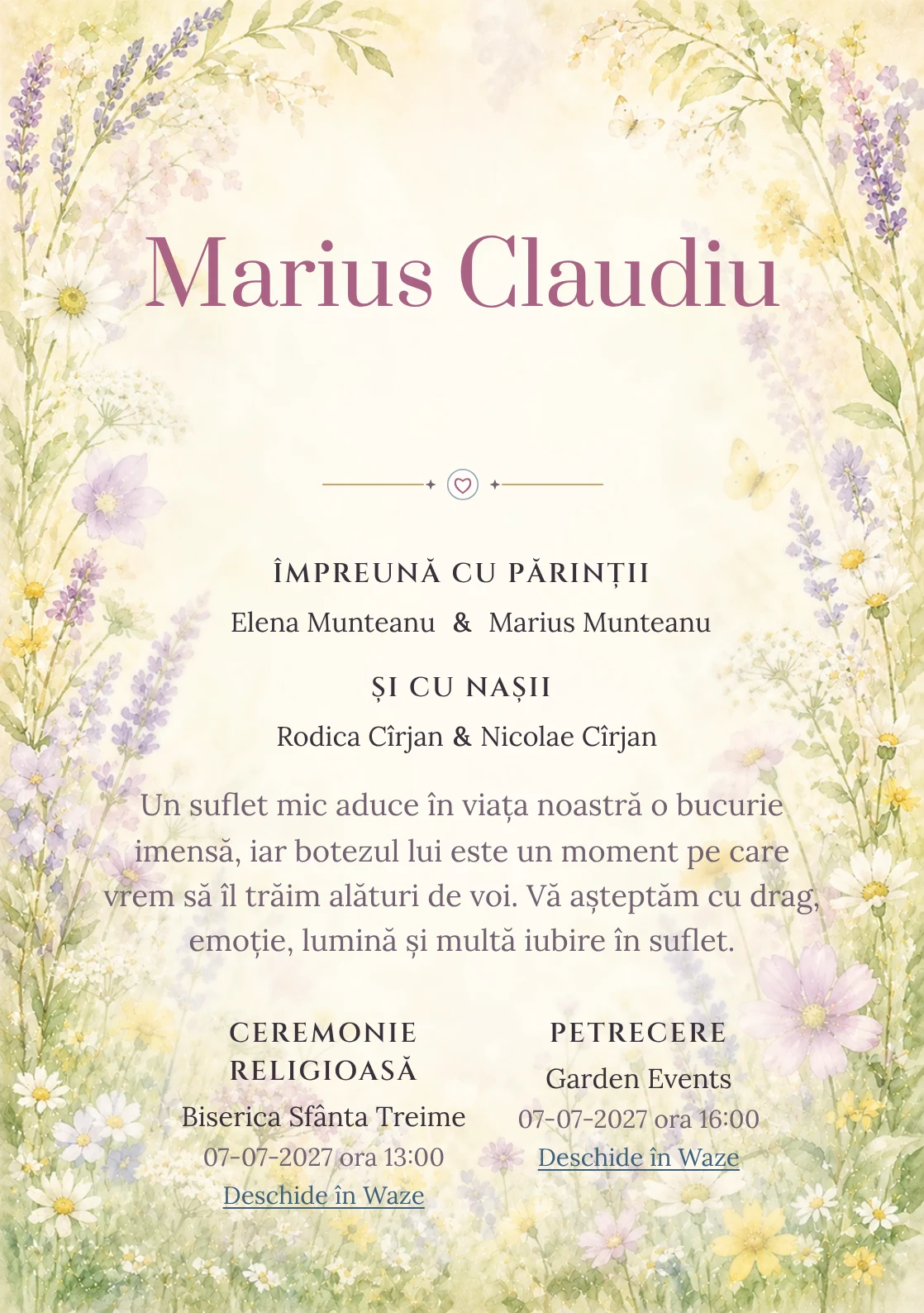 Invitație digitală de botez Flori de Iunie, fundal cu ramă florală aerisită, lavandă pal, galben lămâie stins, verde proaspăt și flori de câmp și centru luminos pentru text