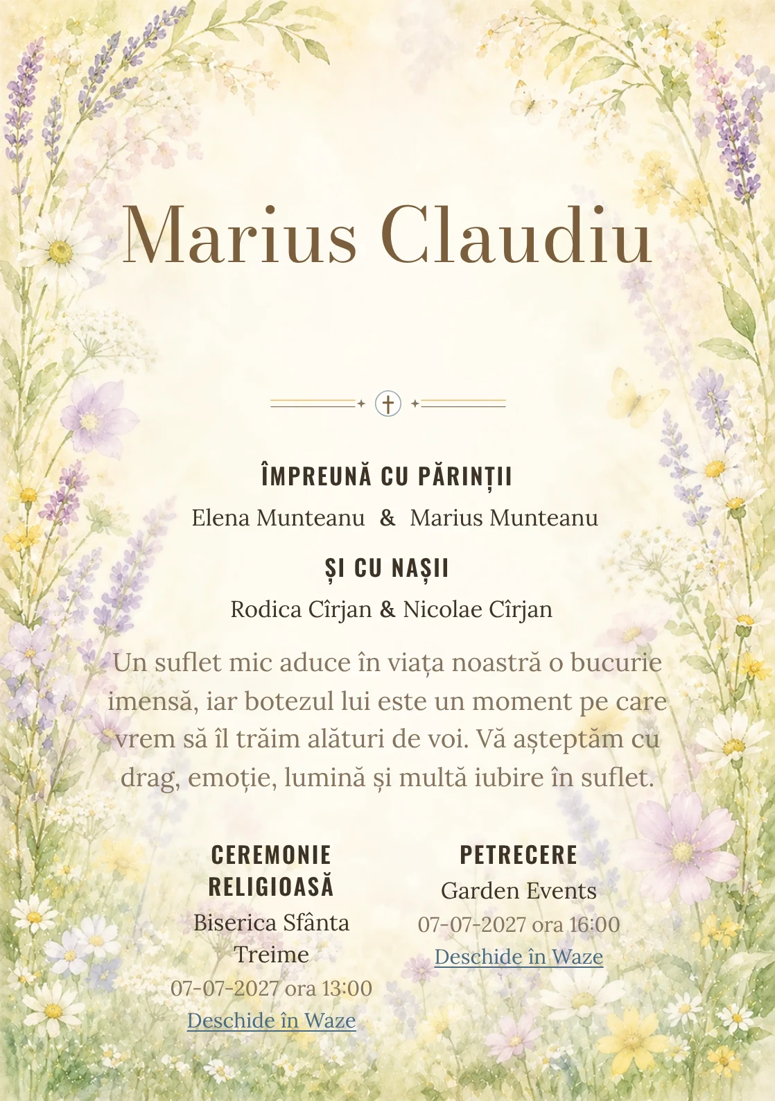 Invitație digitală de botez Flori de Iunie, fundal cu ramă florală aerisită, lavandă pal, galben lămâie stins, verde proaspăt și flori de câmp și centru luminos pentru text