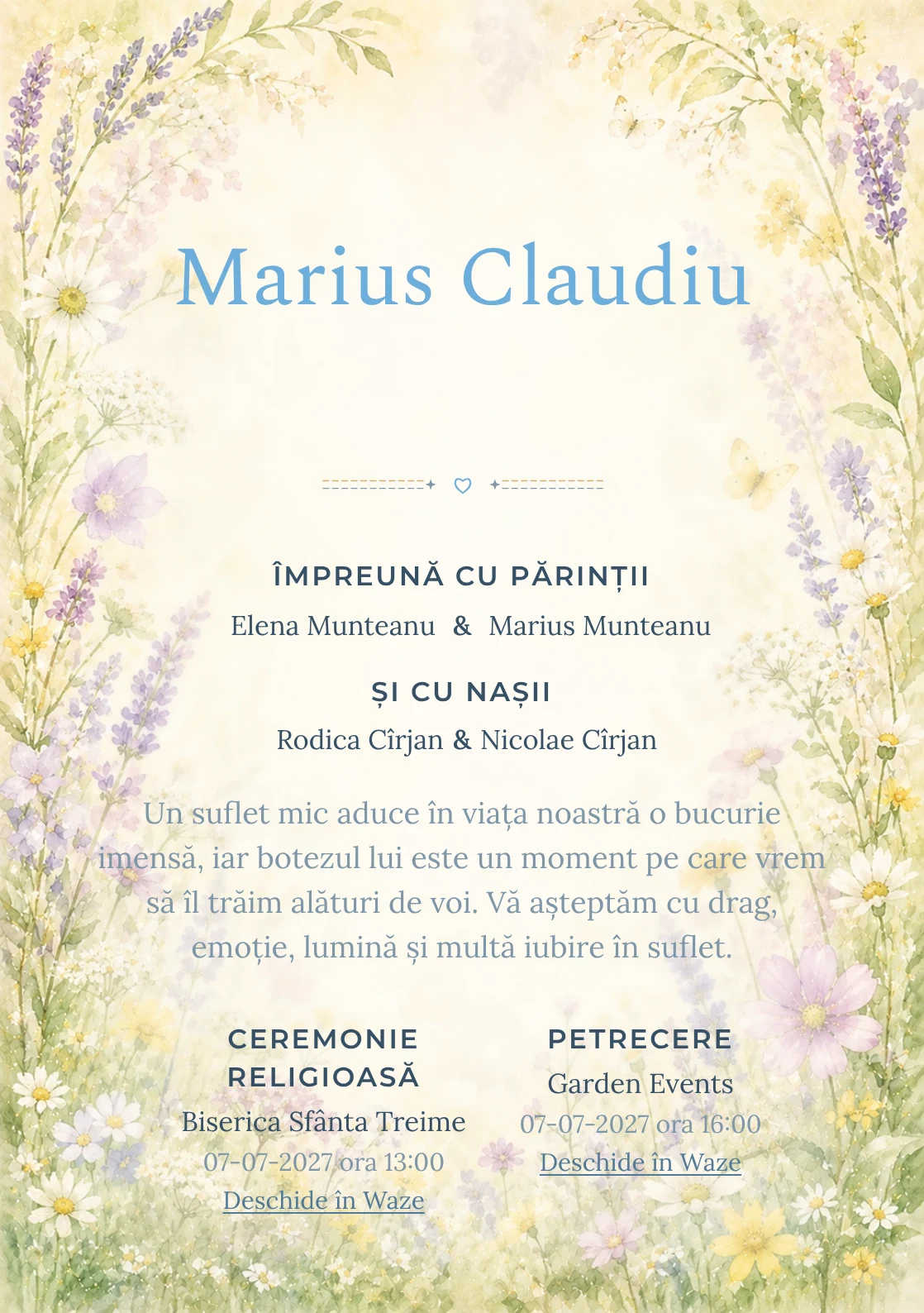 Invitație digitală de botez Flori de Iunie, fundal cu ramă florală aerisită, lavandă pal, galben lămâie stins, verde proaspăt și flori de câmp și centru luminos pentru text
