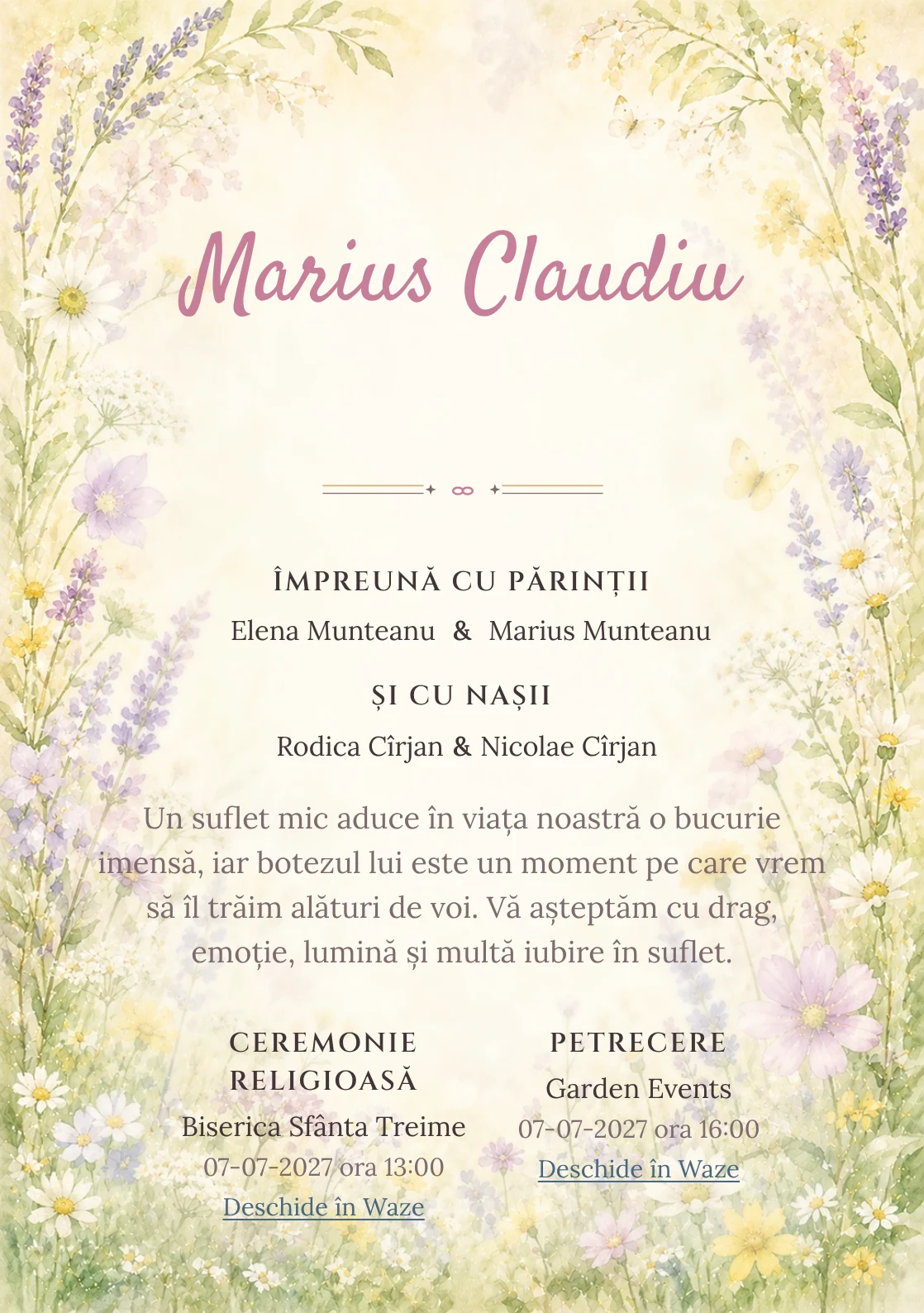 Invitație digitală de botez Flori de Iunie, fundal cu ramă florală aerisită, lavandă pal, galben lămâie stins, verde proaspăt și flori de câmp și centru luminos pentru text
