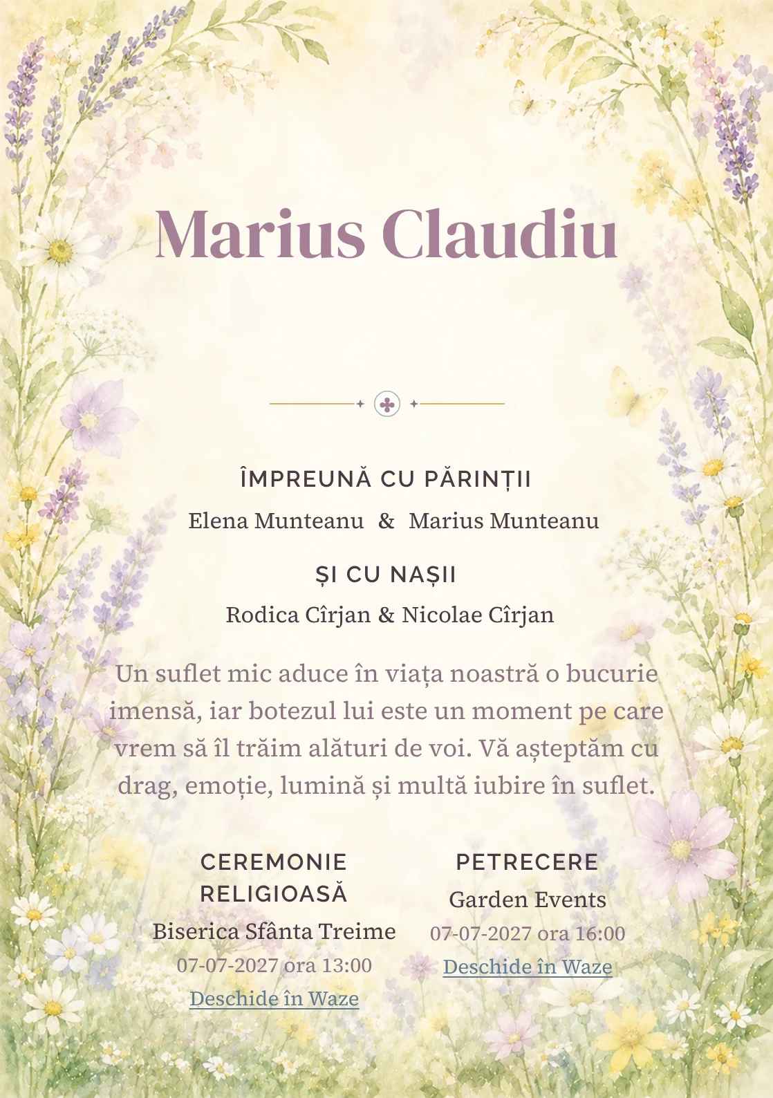 Invitație digitală de botez Flori de Iunie, fundal cu ramă florală aerisită, lavandă pal, galben lămâie stins, verde proaspăt și flori de câmp și centru luminos pentru text