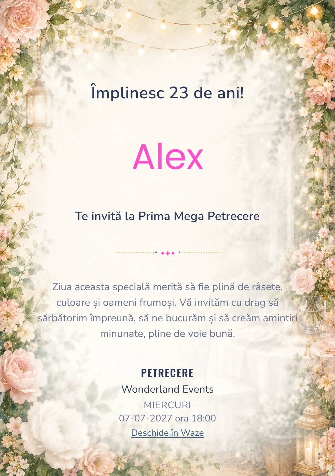 Invitație digitală aniversară Garden Party, fundal premium cu flori mature, frunze fine și lumini suspendate