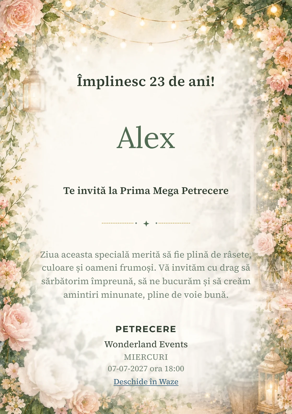 Invitație digitală aniversară Garden Party, fundal premium cu flori mature, frunze fine și lumini suspendate