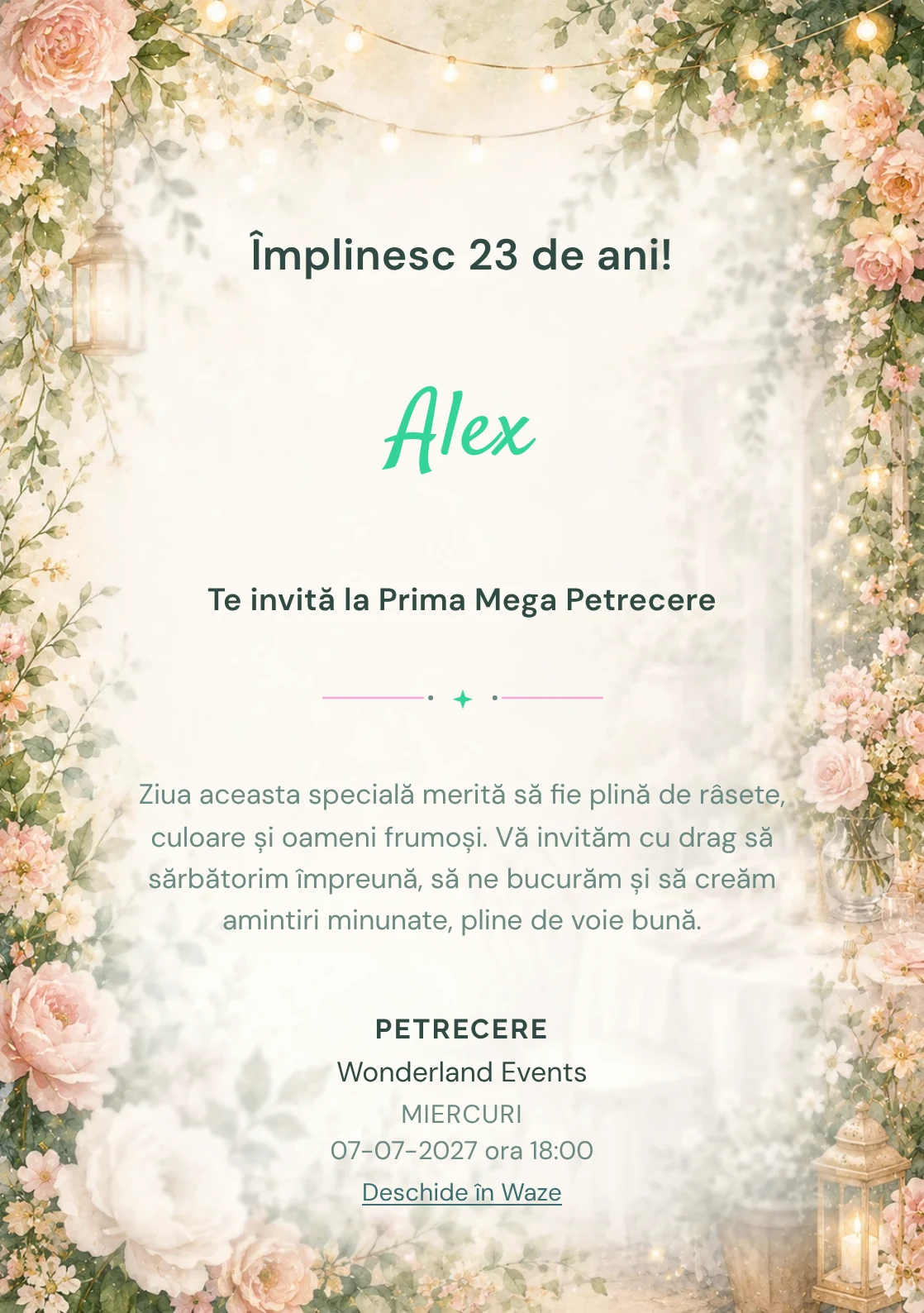 Invitație digitală aniversară Garden Party, fundal premium cu flori mature, frunze fine și lumini suspendate