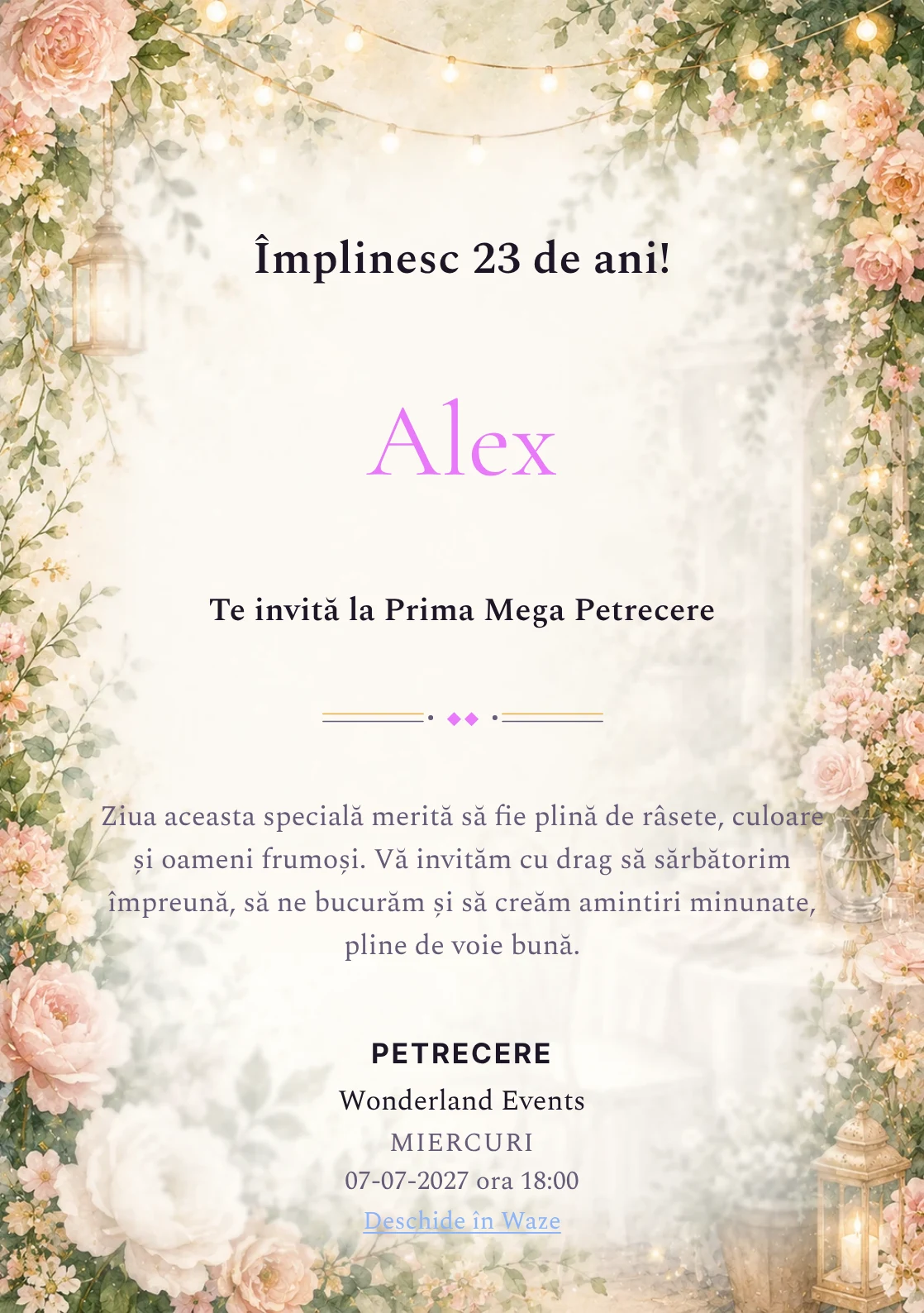 Invitație digitală aniversară Garden Party, fundal premium cu flori mature, frunze fine și lumini suspendate