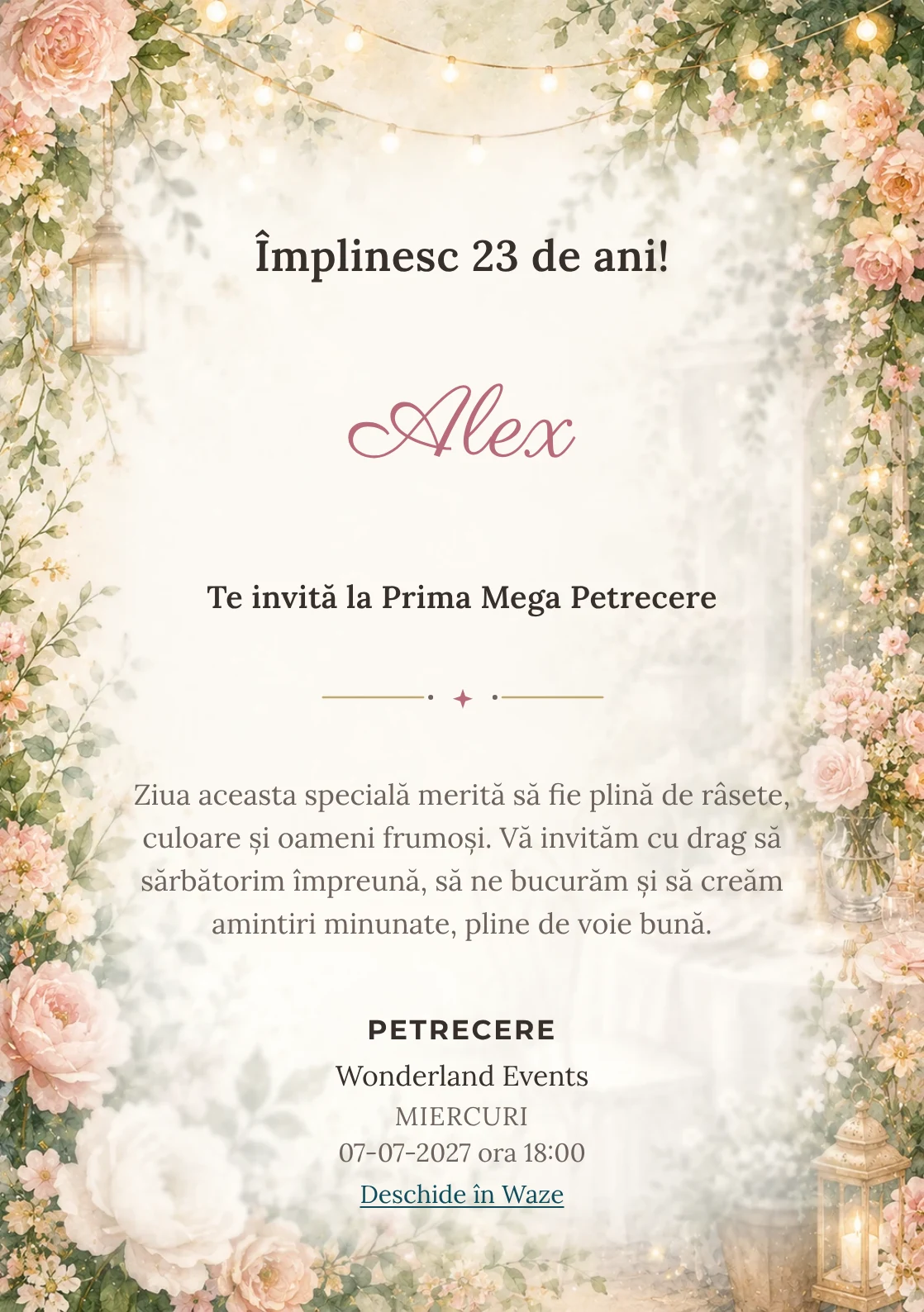Invitație digitală aniversară Garden Party, fundal premium cu flori mature, frunze fine și lumini suspendate