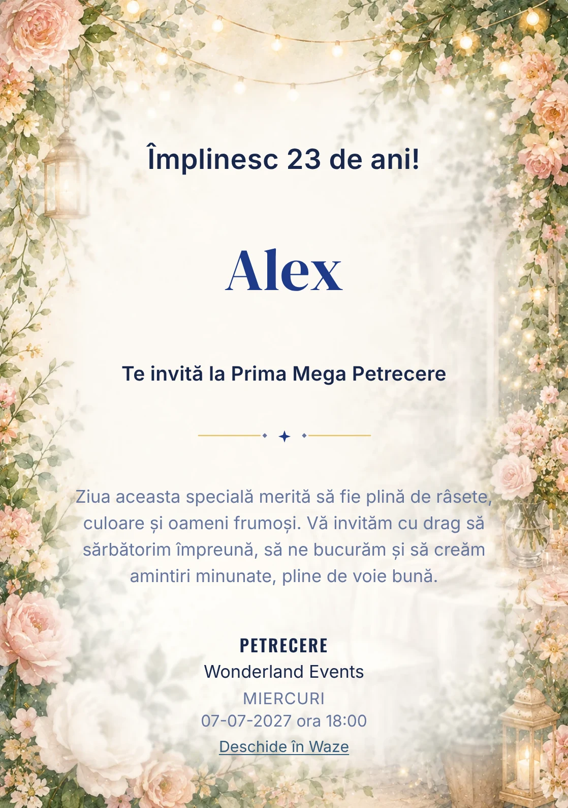 Invitație digitală aniversară Garden Party, fundal premium cu flori mature, frunze fine și lumini suspendate