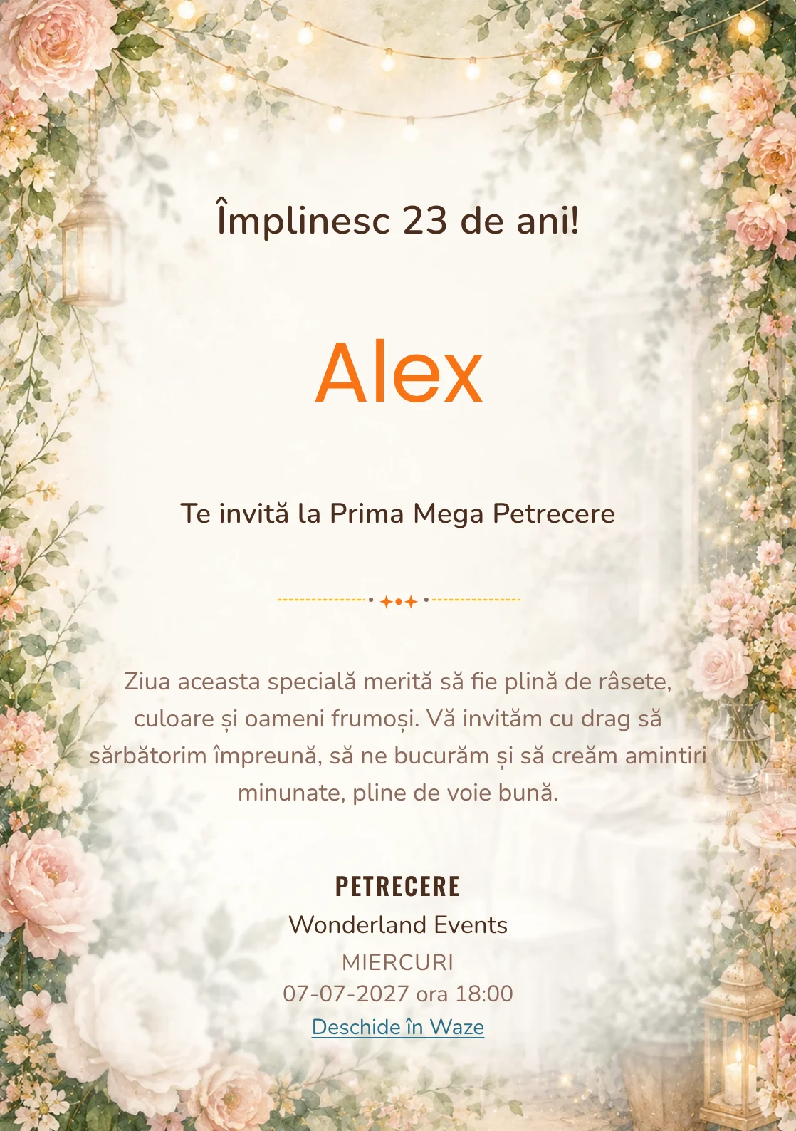 Invitație digitală aniversară Garden Party, fundal premium cu flori mature, frunze fine și lumini suspendate