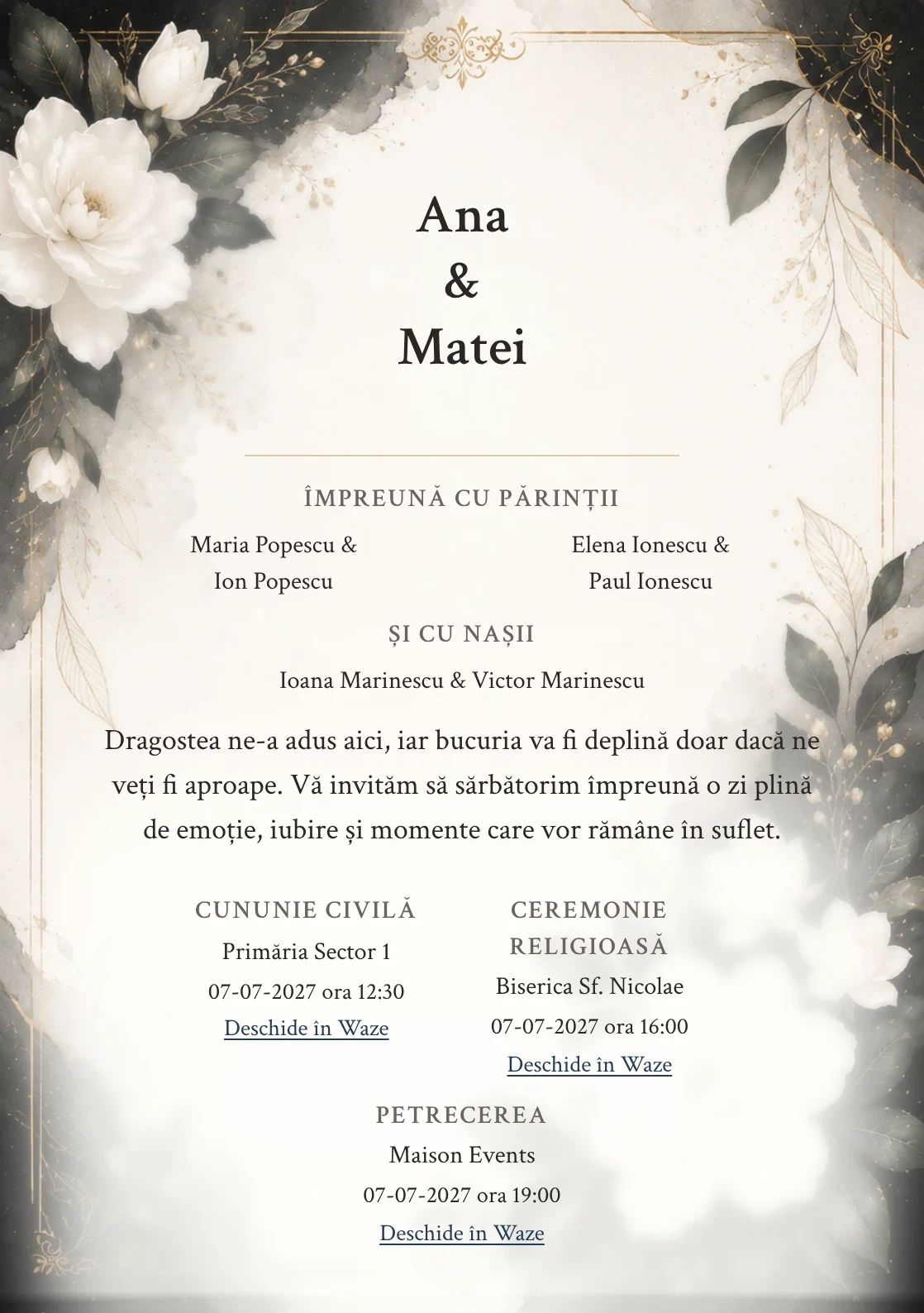 Invitație digitală de nuntă Gardenia Noir, fundal gardenia noir, potrivit pentru pachetele Basic și Premium