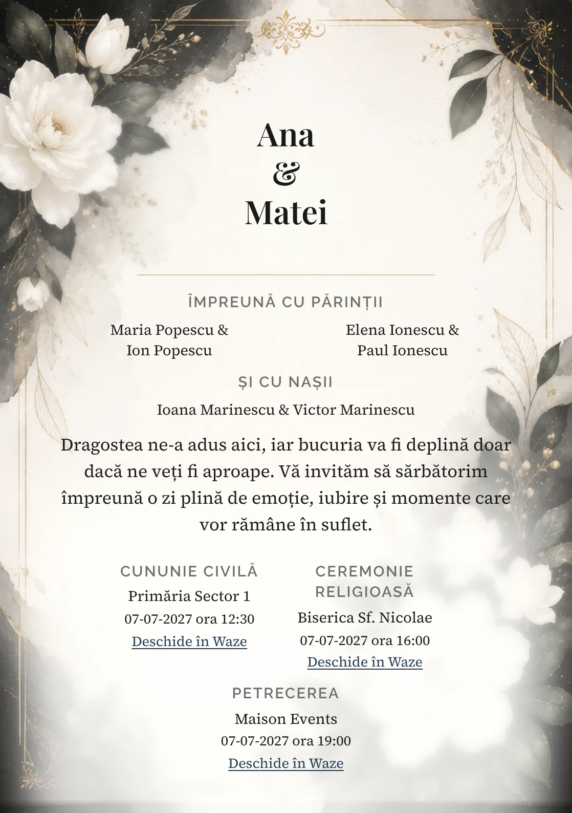 Invitație digitală de nuntă Gardenia Noir, fundal gardenia noir, potrivit pentru pachetele Basic și Premium
