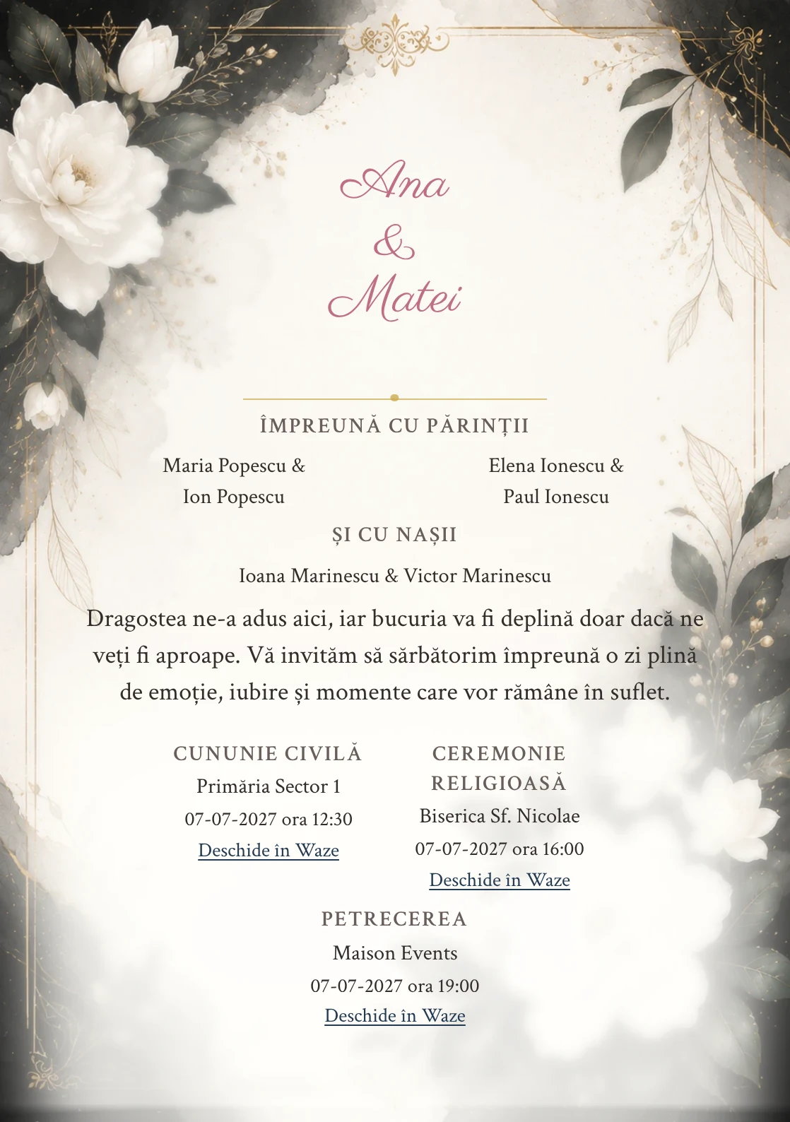 Invitație digitală de nuntă Gardenia Noir, fundal gardenia noir, potrivit pentru pachetele Basic și Premium
